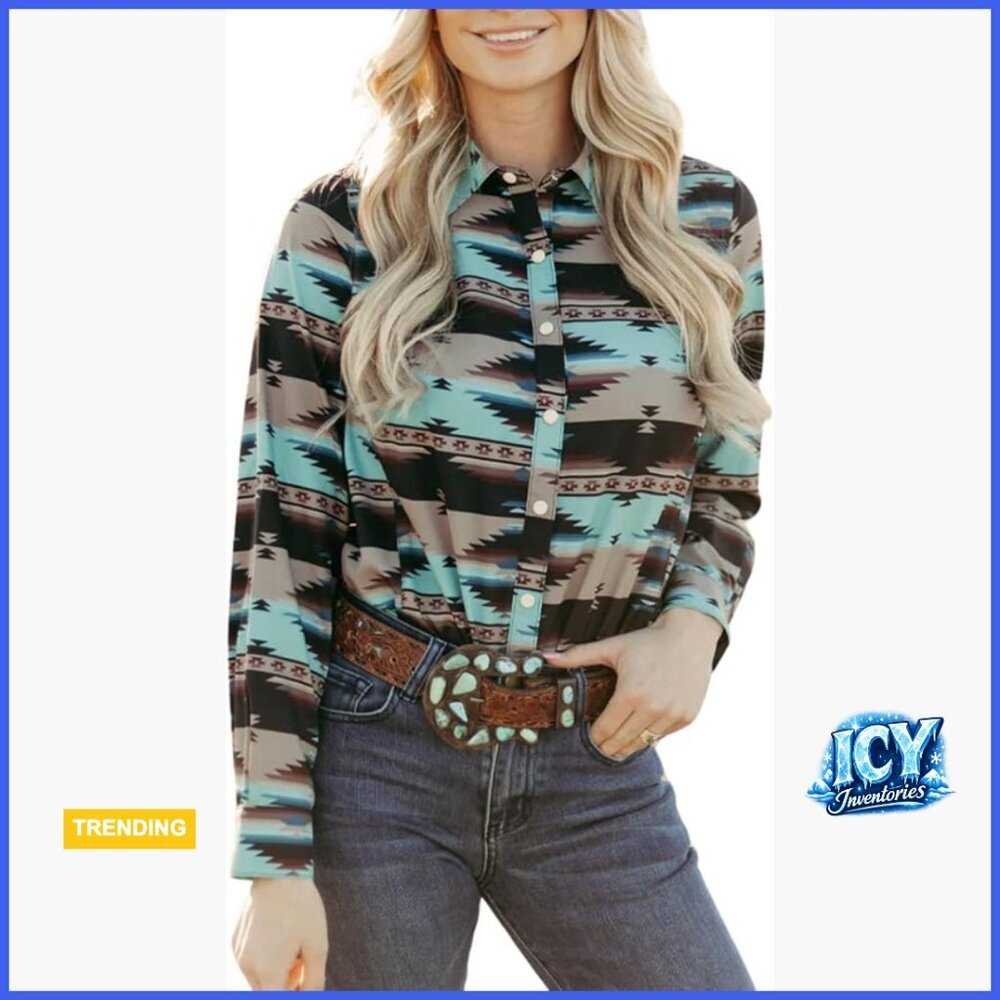 Retro Aztec Pearl Snap Blouse Long Sleeve Western Cowgirl Top